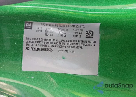 2011 Chevrolet Camaro 1Ls z USA, uszkodzony, nr VIN 2G1FE1ED9B9157525